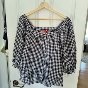 Square-neck cotton blue gingham peasant blouse